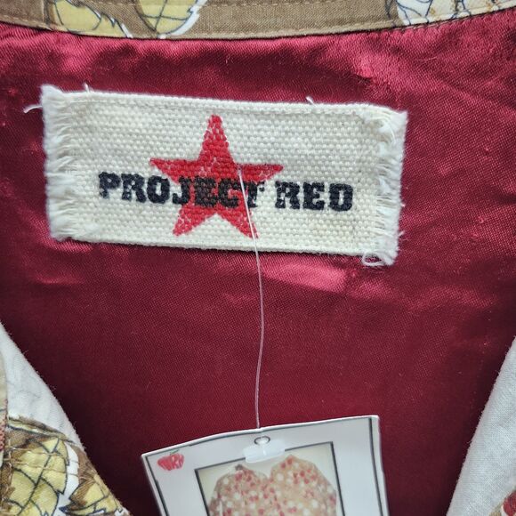 Vintage Project Red Western Shirt Mens L-XL Brown Red Floral Amber Snaps Casual - Picture 9 of 12